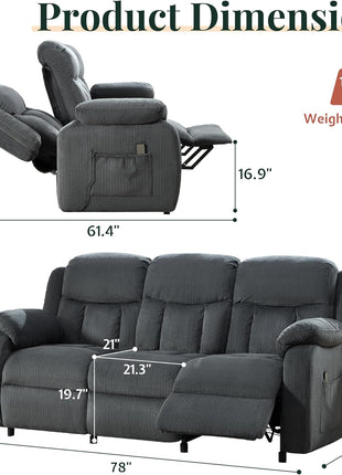 Power Reclining 3-Seater Sofa with Dual Wingback Design in Dark Gray