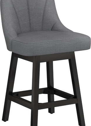 Set of 2 Modern Upholstered Linen Fabric Swivel Bar Stools, 26-Inch Counter Height with Backs, Solid Wood Legs in Dark Gray for Kitchen Island and Dining Room