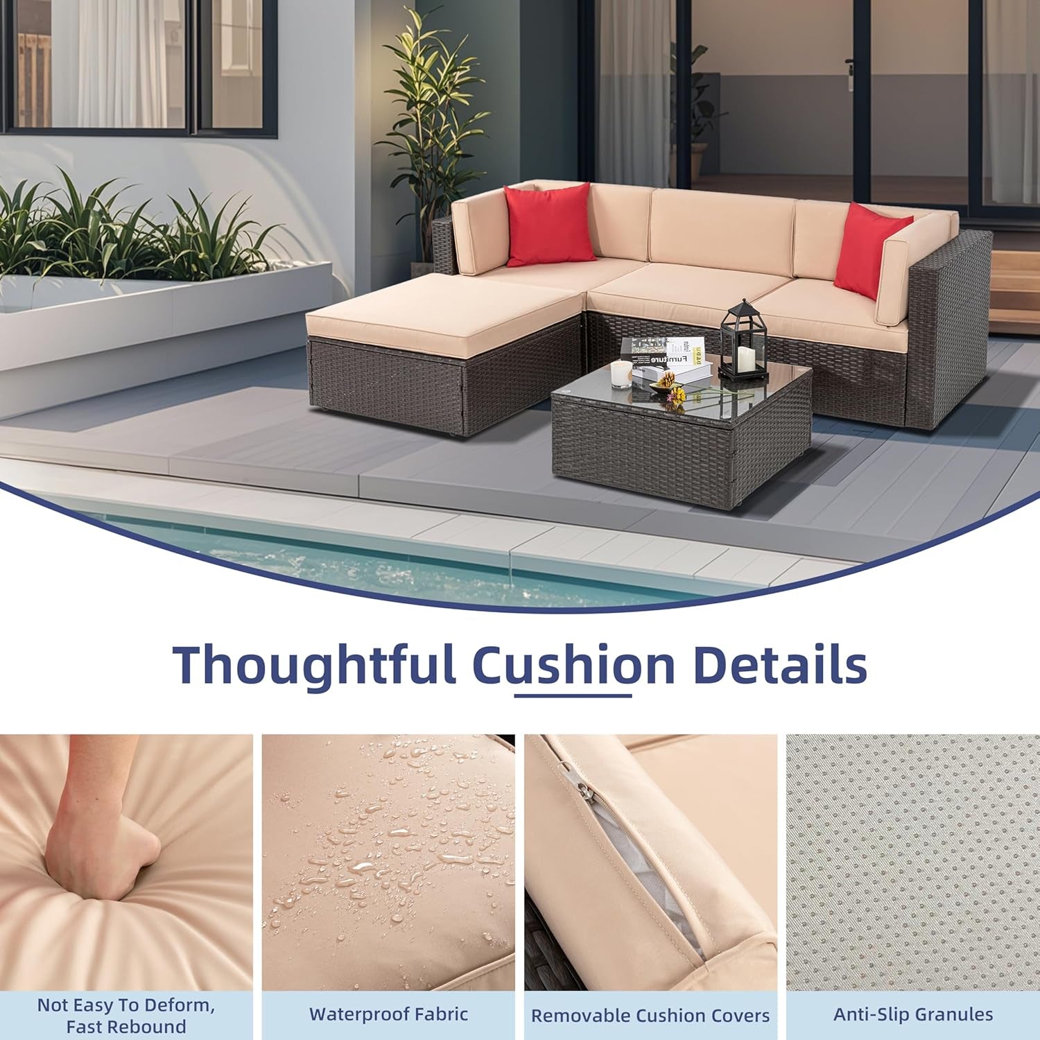 5 Piece Patio Furniture Sets, Outdoor Patio Set Sectional Sofa, All-Weather PE Rattan Outdoor Couch with Ottoman, Glass Table for Garden, Backyard, Porch, Beige