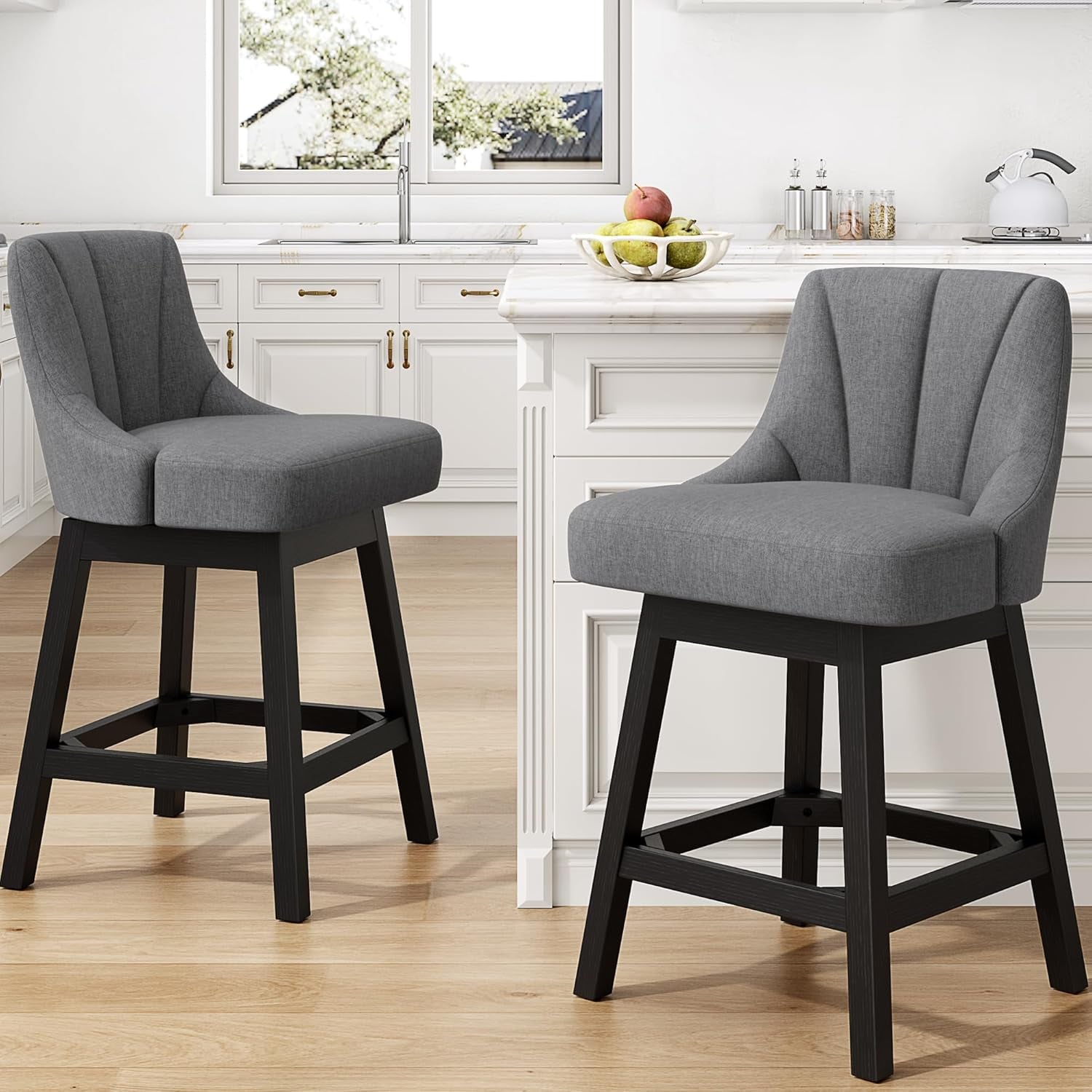 Swivel Bar Stools Set of 3, Fabric Upholstered Counter Height Barstool, 26" Modern Kitchen Island Chairs with Back and Solid Wood Legs for Home Bar Dining Room, Dark Grey