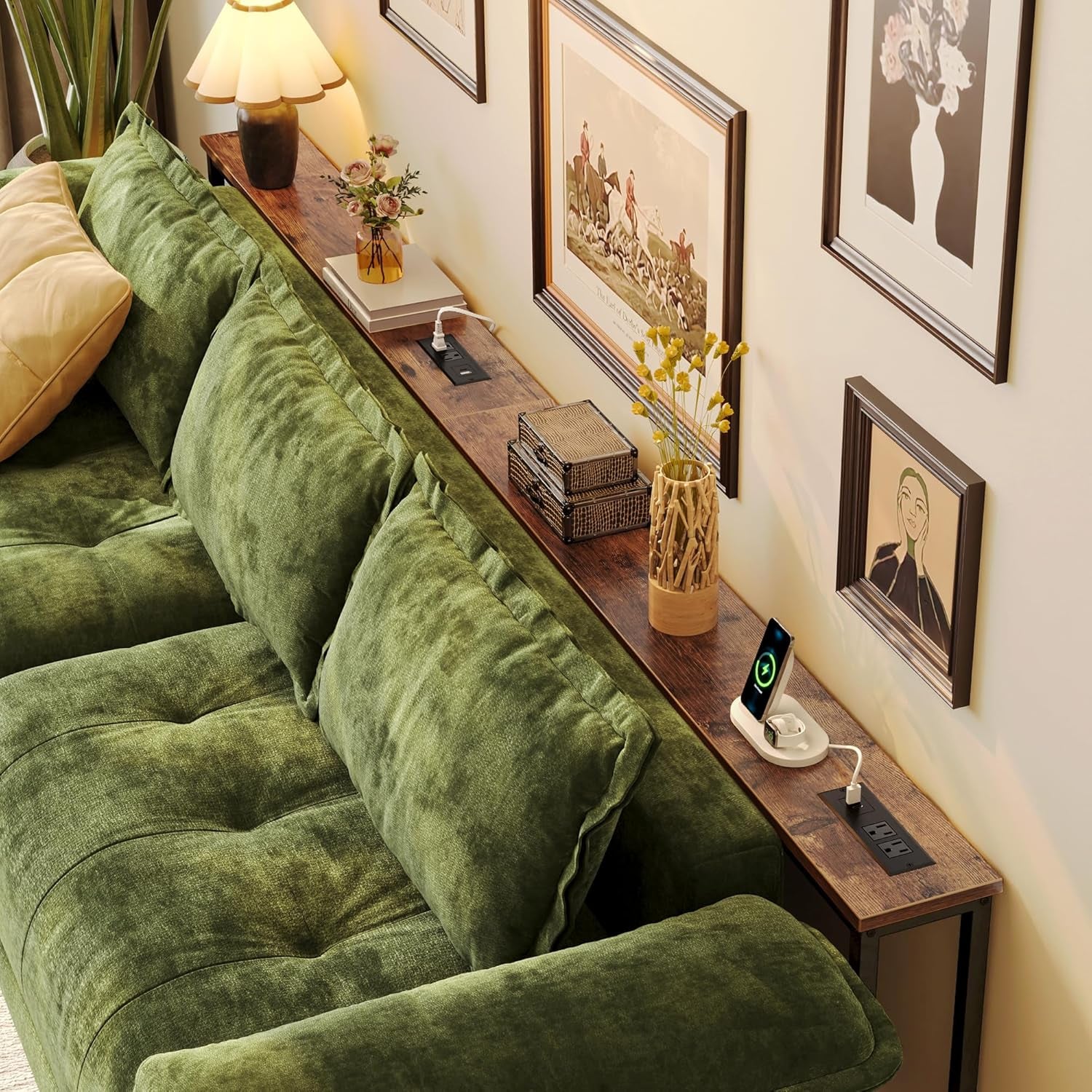 102.4 Inch Sofa Table with Power Outlets, 23.9’’-34.4’’ Height Adjustable Range, behind Couch Table with USB-C Ports, Sofa Tables Narrow Long, Skinny Console Table, Small Spaces, Rustic Brown