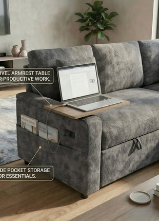 81" Modular L-Shaped Sleeper Sofa with Adjustable Backrest and 360° Swivel Side Table in Elegant Grey Chenille for Enhanced Living Room Functionality