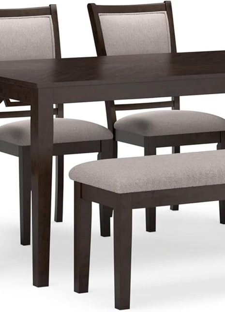 Langwest Dining Room Table Set by Signature Design by Ashley, Featuring 4 Upholstered Chairs and a Bench, Accommodates 6, Cushioned Seating, Cherry Brown Wood Finish
