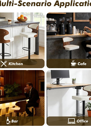 Set of 2 Adjustable 360° Swivel Bar Stools with Solid Wood Back and Footrest, Leather Counter Height Chairs for Bar, Kitchen, and Dining Room (White)