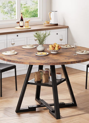 47-Inch Vintage Round Dining Table for Four with Space-Saving Pedestal Design for Kitchen and Dining Room