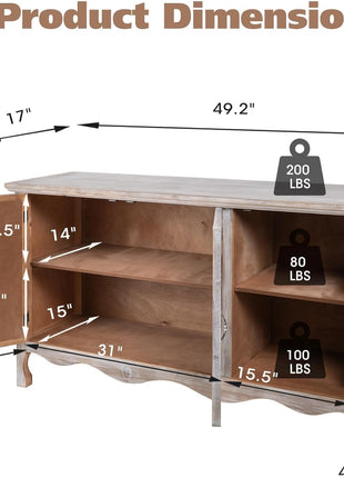 Farmhouse Style Sideboard Buffet Cabinet - 49" Solid Wood Credenza with Storage, 3-Door Design for Dining Room, Living Room, and Hallway in Provence Gray