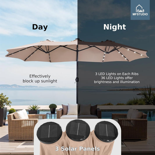 15Ft Double Sided Patio Umbrella with Solar Lights, Outdoor Large Umbrellas with Crank Handle and 36 LED Lights, Rectangular Market Umbrella with Base Included for Deck Pool Shade, Beige