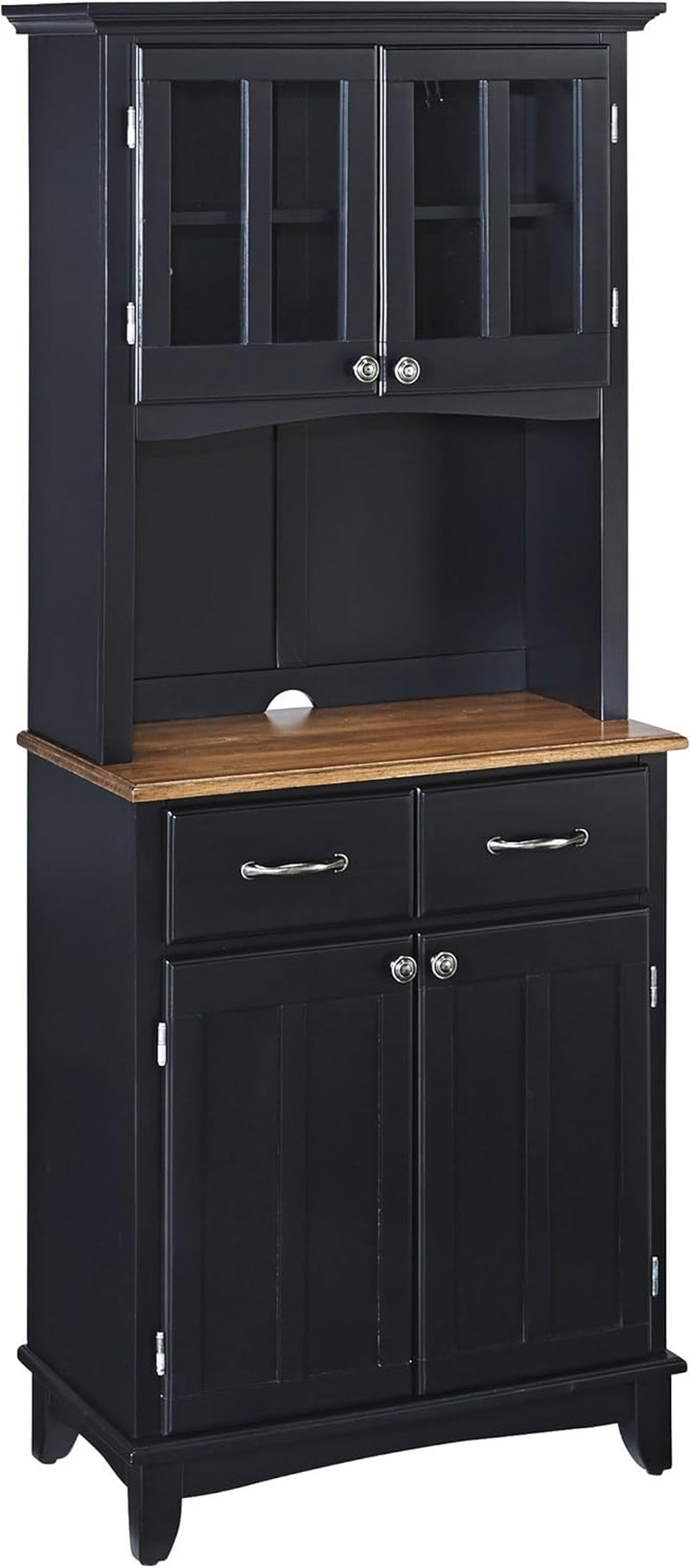 Home Styles Buffet of Buffets Black with Cottage Oak Wood Top Hutch, Two Wood Door Panels, Two Drawers with Brushed Steel Pulls, Two Plexiglas Framed Doors, and Adjustable Shelves