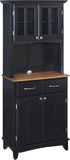 Home Styles Buffet of Buffets Black with Cottage Oak Wood Top Hutch, Two Wood Door Panels, Two Drawers with Brushed Steel Pulls, Two Plexiglas Framed Doors, and Adjustable Shelves