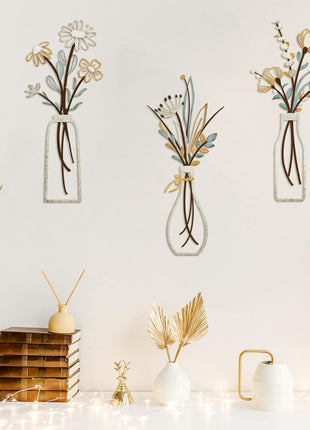 Set of 3 Rustic Metal Flower Wall Art - Minimalist Decor for Living Room, Bathroom, Bedroom, and Dining Room, Perfect for Housewarming and Christmas Gifts (Beige, Vase-C)