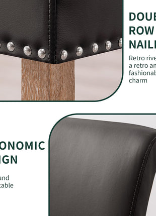 Set of 4 Mid-Century Modern Grey Faux Leather Dining Chairs with Nailhead Trim and Wooden Legs