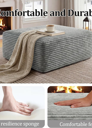Oversized Foam Support Corduroy Ottoman for Living Room and Bedroom in Light Gray - No Assembly Required