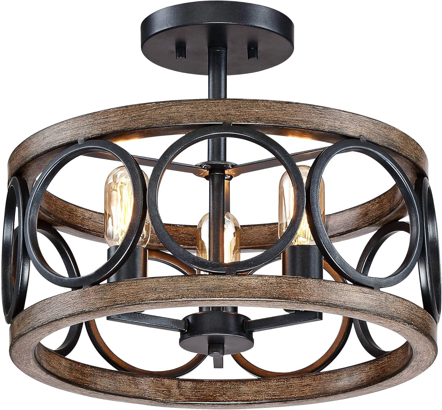 Salima Rustic Farmhouse Ceiling Light Semi Flush Mount Fixture LED Black Circle Wood Finish Grain 16" Wide 3-Light Open Drum for Bedroom Kitchen Living Room Hallway Bathroom