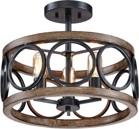 Salima Rustic Farmhouse Ceiling Light Semi Flush Mount Fixture LED Black Circle Wood Finish Grain 16" Wide 3-Light Open Drum for Bedroom Kitchen Living Room Hallway Bathroom
