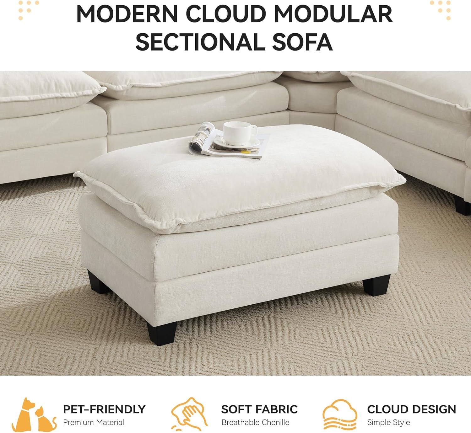 35‘’ Modern Chenille Cloud Sofa Ottoman,Rectangle Ottoman for Modular Sectional Sofa, Beige