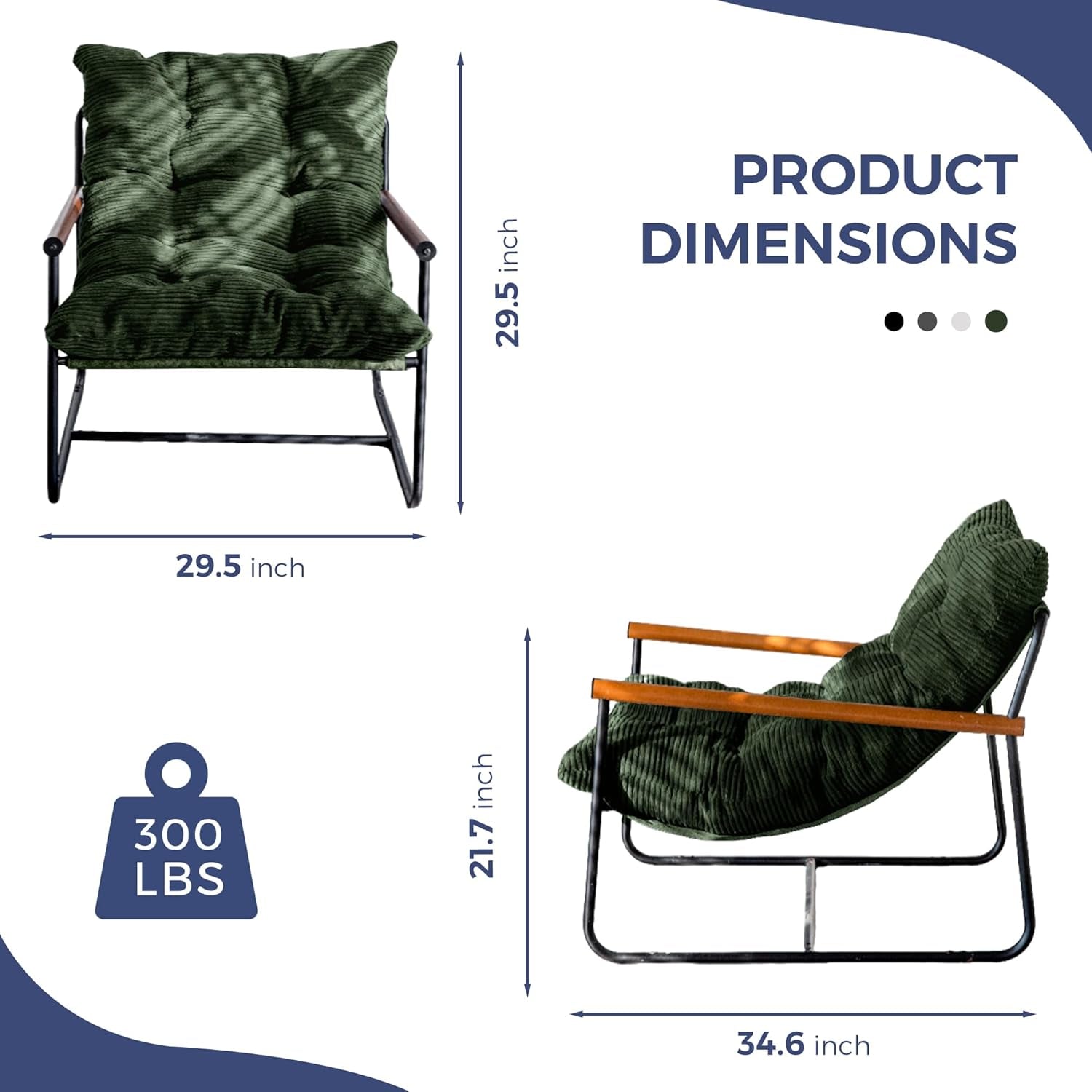 Modern Accent Chair, Comfy Living Room Chair with Metal Frame Wooden Armrest, Upholstered Armchair with Soft Cushion for Bedroom Balcony Lounge Reading Room, Dark Green