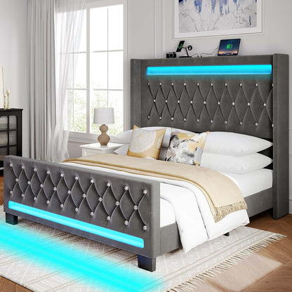 Queen Bed Frame with LED Light and Charging Station, Upholstered High Headboard and Footboard, Wood Slats, Noise Free, Easy Assembly, Grey