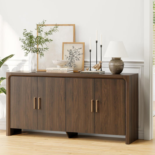 63" Buffet Cabinet with 4 Doors and Adjustable Shelves, Sideboard Buffet Cabinet with Storage, Wood Kitchen Console Table, Modern Coffee Bar for Kitchen, Living Room, Hallway (Walnut)