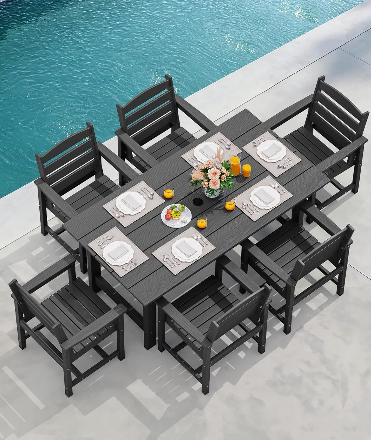 7-Piece Patio Dining Table Sets, Outdoor HDPE Dining Furniture Set with Umbrella Hole Cut-Out Table and 6 Chairs, Black