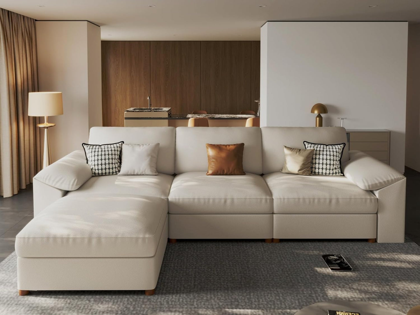 Leather Sectional Couch, Oversized Modular Sectional Sofas, Wide Deep Seat Modular Couch, Scratch Resistant Faux Leather Material, L Shaped Sofa for Big Spaces, Beige