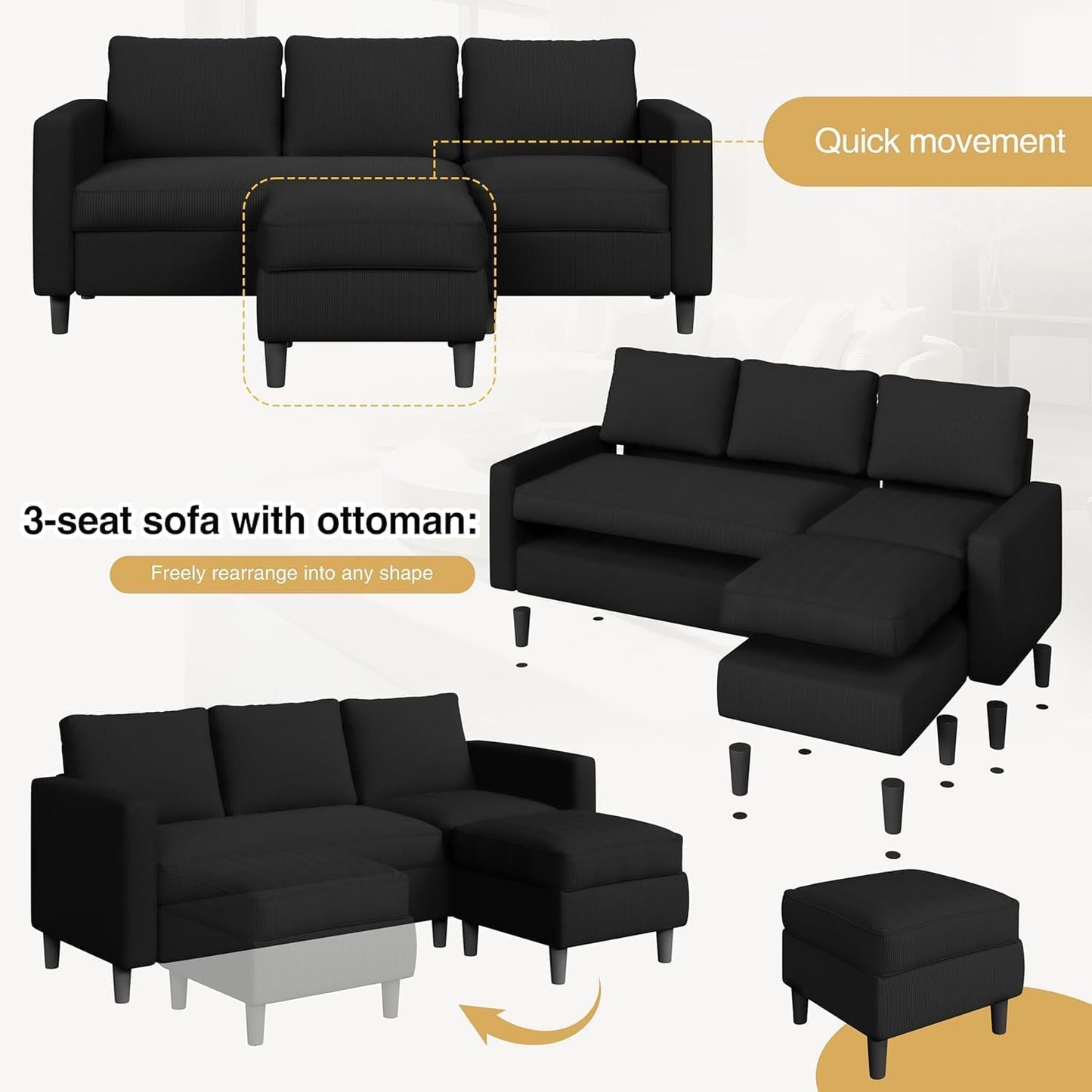 3-Seat Convertible L-Shaped Sectional Sofa with Reversible Ottoman, Upholstered Fabric Couch for Small Living Rooms, Modern Modular Couch for Apartment, Studio & Loft, Black