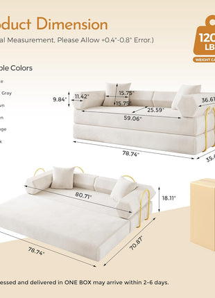 79'' Convertible Sofa Bed - Multifunctional 5-in-1 Folding Futon Couch, Space-Efficient Corduroy Sleeper for Living Room and Bedroom (Beige White)