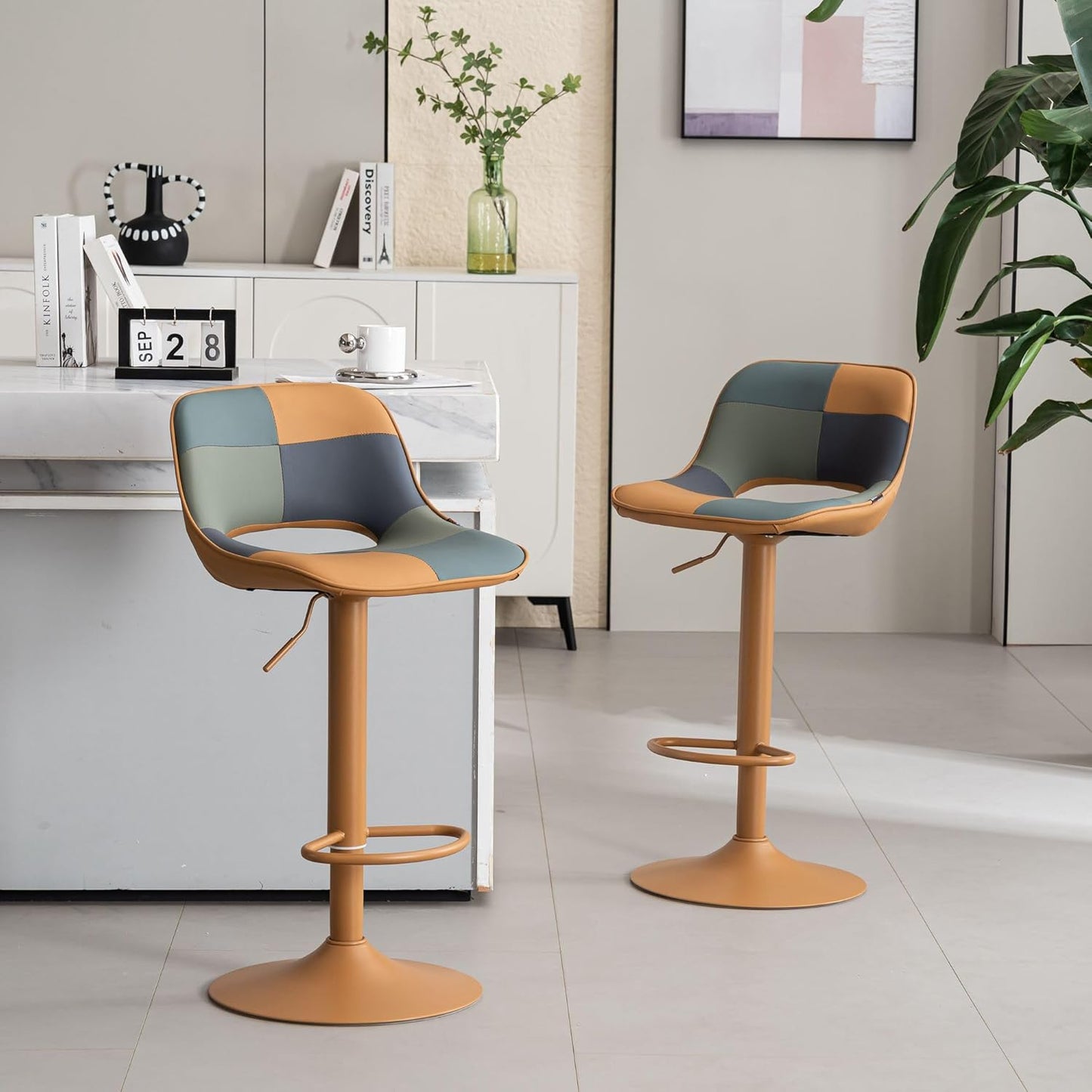 Bar Stools Set of 2, Boho Colorful Patchwork Barstools, Adjustable Swivel Counter Height Bar Stool Faux Leather Upholstered Barstool with Back, Compact Bar Chair for Kitchen Island, Tangreen