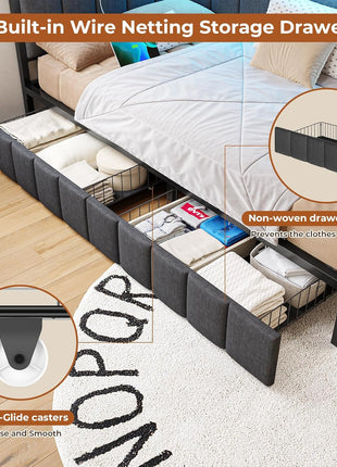 Full Size Corner Bed Frame with Two Storage Drawers and Integrated Charging Station, Upholstered Guardrail, LED Lights, and Gray Finish, Ideal for Teens and Adults