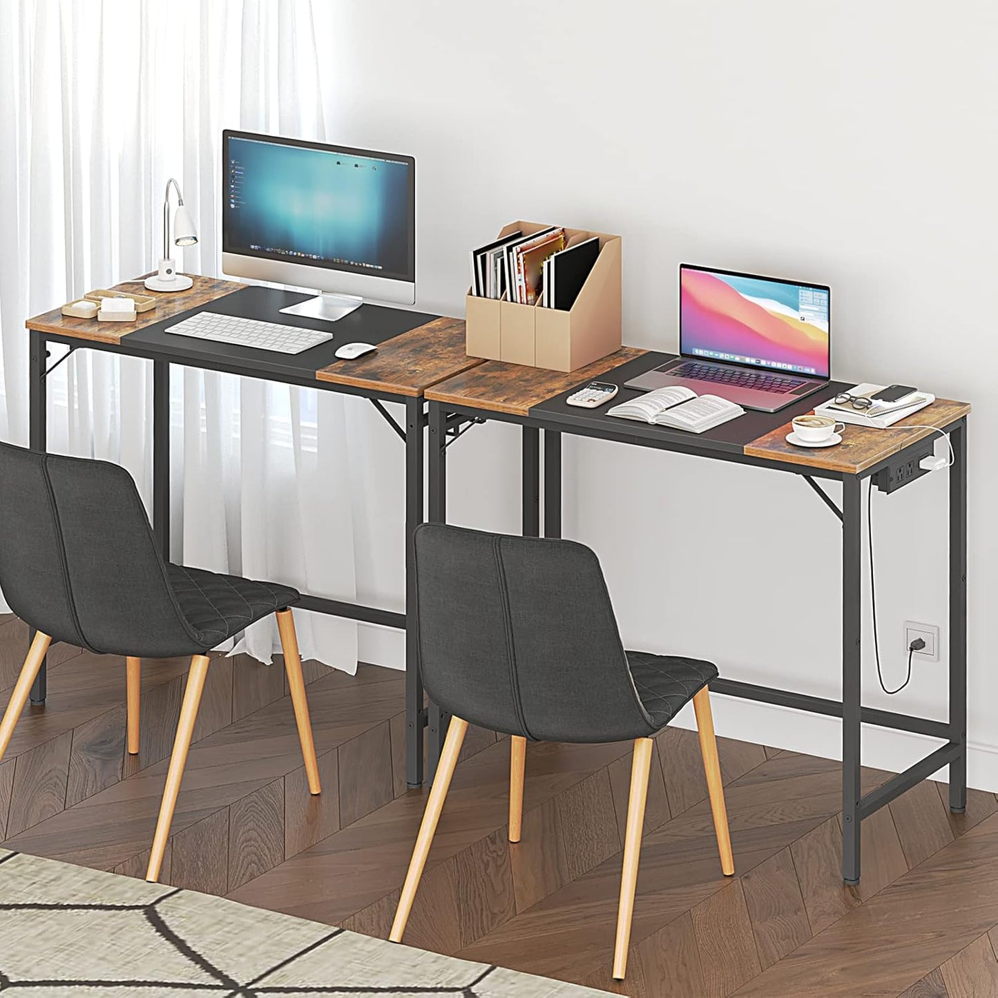 Computer Desk, Home Office Desk with Power Outlet, Modern Study Writing Desk with 3 Hooks for Study Room, Home Office, Sturdy and Stable, Easy to Assemble, Rustic Brown and Black BF40UDN01