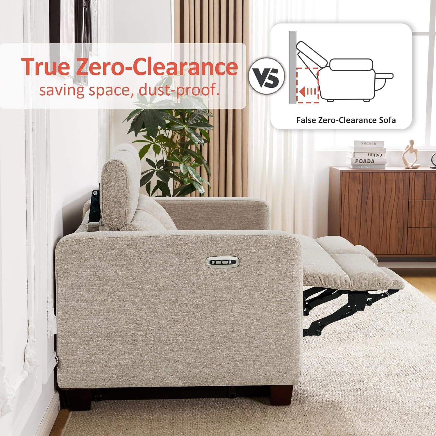 88.6'' Reclining Sofa, Wall Hugger Power Recliner Sofa with Adjustable Headrest, USB a & C Charge Ports, Wood Legs, for Living Room (Fabric, HL198M3) (Beige, 3-Seater)