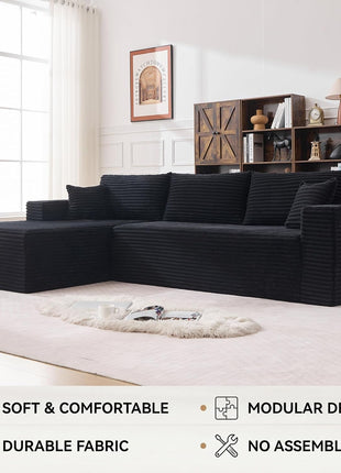 108" Modular Sectional Sofa with Oversized Chaise - L-Shaped Cloud Couch in Plush Corduroy Black, Featuring High-Density Memory Foam and a Deep Seat, No Assembly Required