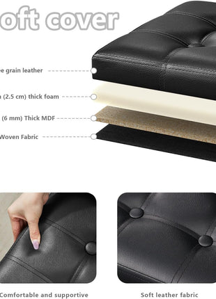 Compact Leather Folding Storage Ottoman with Thick Foam Padding, 17x13x13 Inches, Black