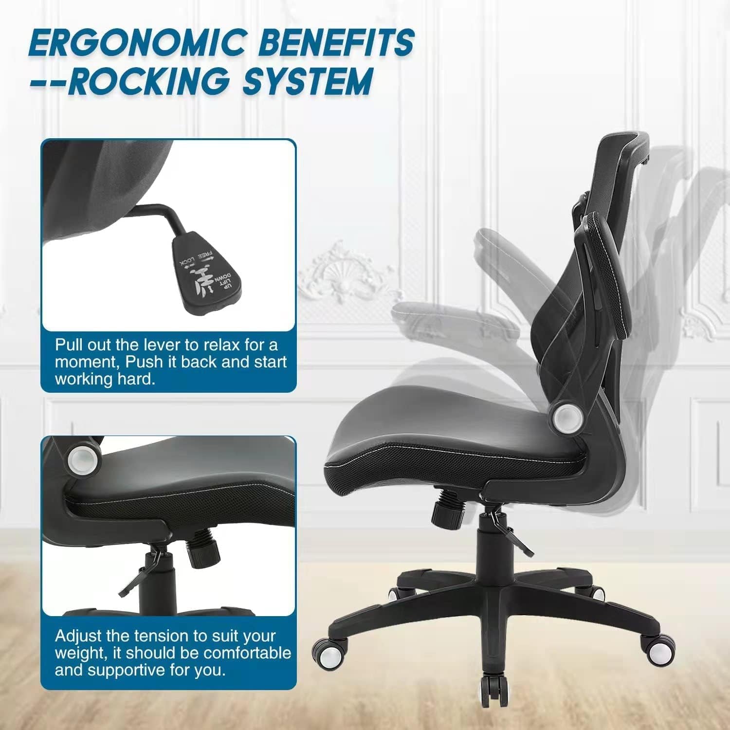 Office Chair Ergonomic Desk Chair, Computer PU Leather Home Office Chair, Swivel Mesh Back Adjustable Lumbar Support Flip-Up Arms Executive Task Chair