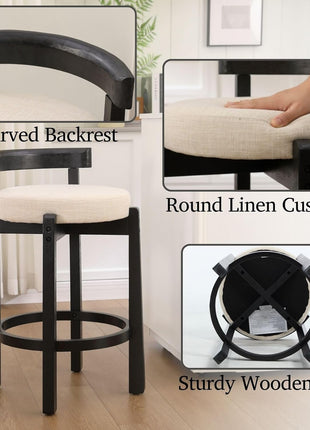 Set of 4 Mid-Century Modern Linen Counter Stools with Upholstered 26.5” Seat Height, Black Wood Legs, and Round Low Back, Perfect for Dining Rooms and Restaurants, Beige