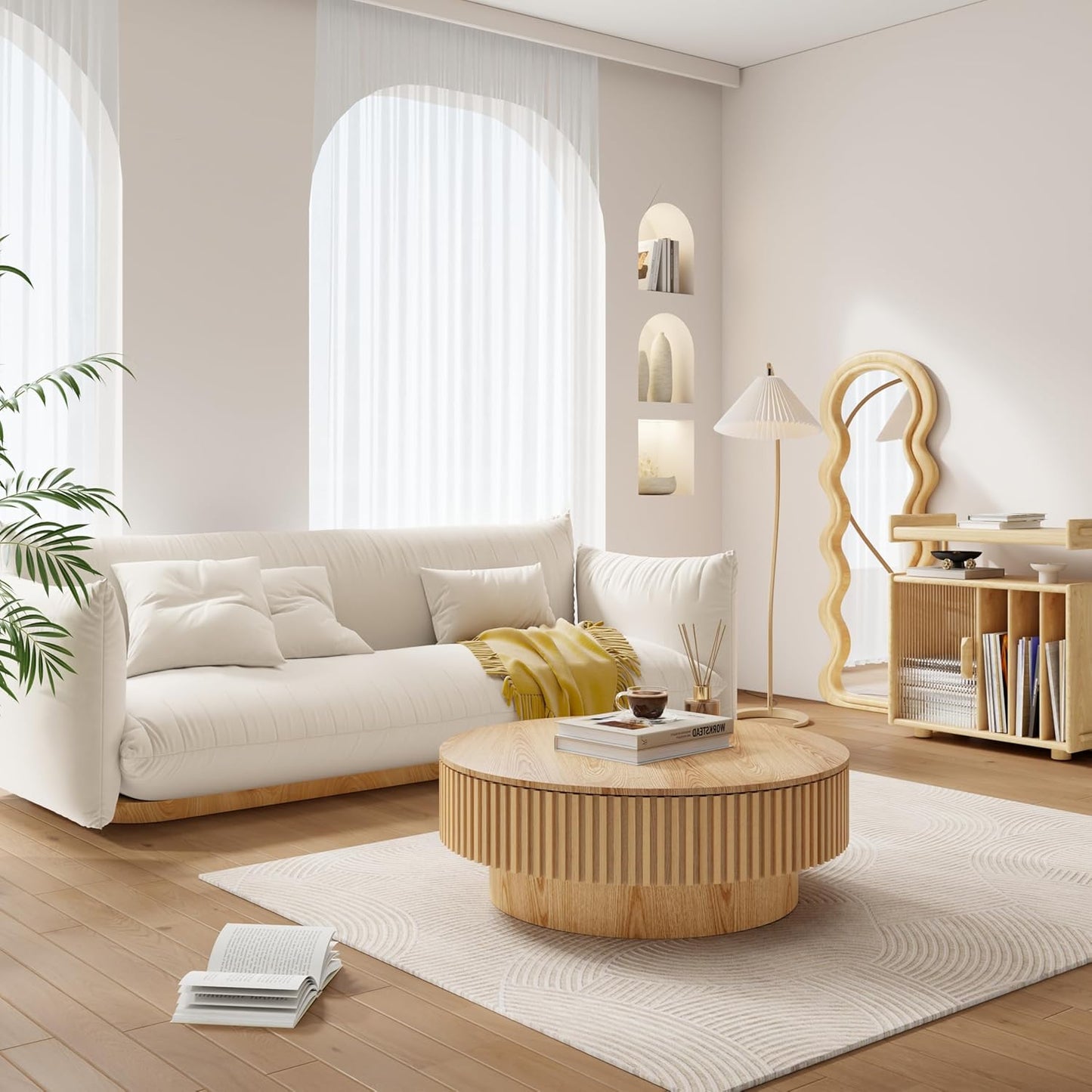 39.37'' round Coffee Table with Storage, Modern Fluted Circle Coffee Table Unique Drum Low Center Tea Table with Solid Wood Veneered for Living Room, Mesas De Centro Para Sala, Natural