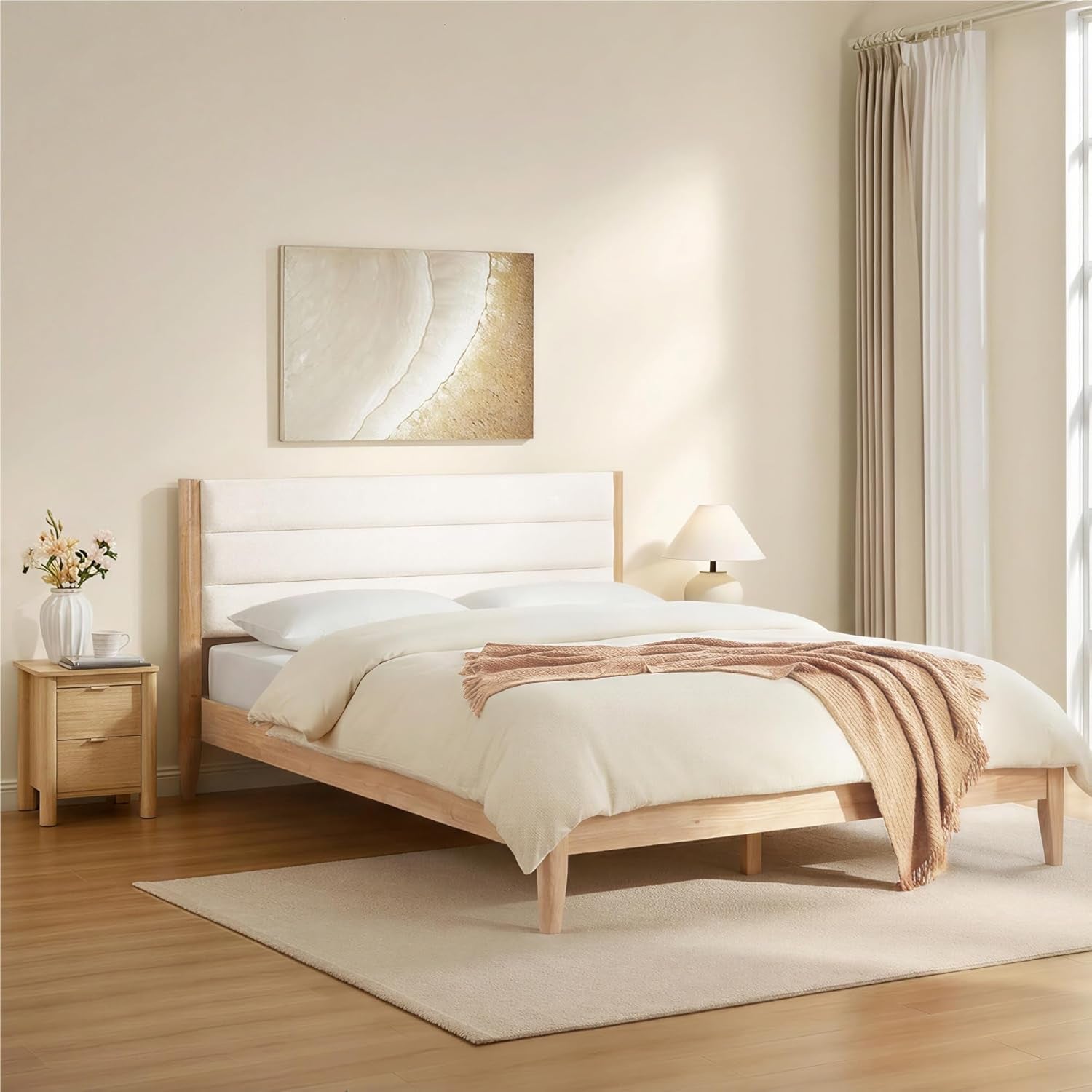 3 Pieces Bedroom Set, Wood Bed Frame with Upholstered Headboard & 2 Nightstands with Storage, Wooden Platform Mattress Foundation Farmhouse Bedroom Furniture Set