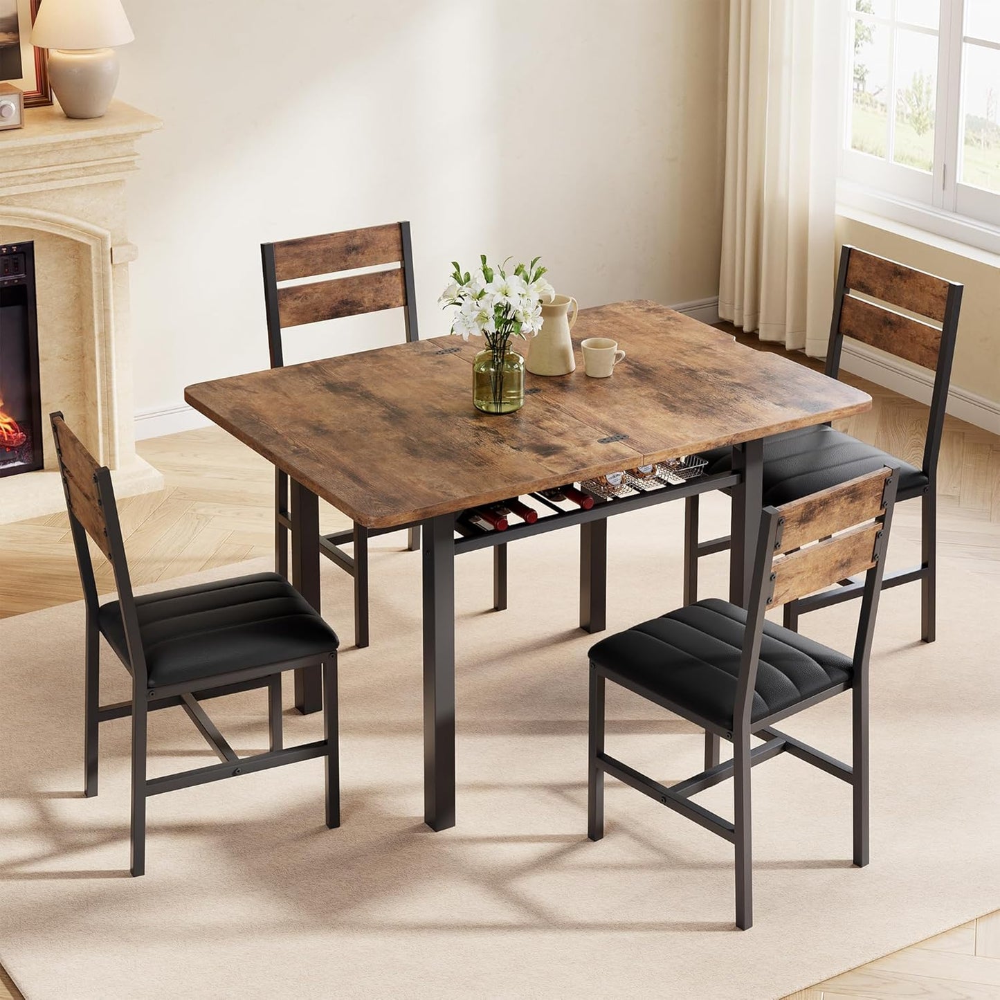 Dining Table Set for 4, Extendable Kitchen Table with 4 PU Leather Upholstered Dining Room Chairs, Wood Kitchen Table Set with Built-In Storage Rack for Dining & Small Spaces, Rustic Brown
