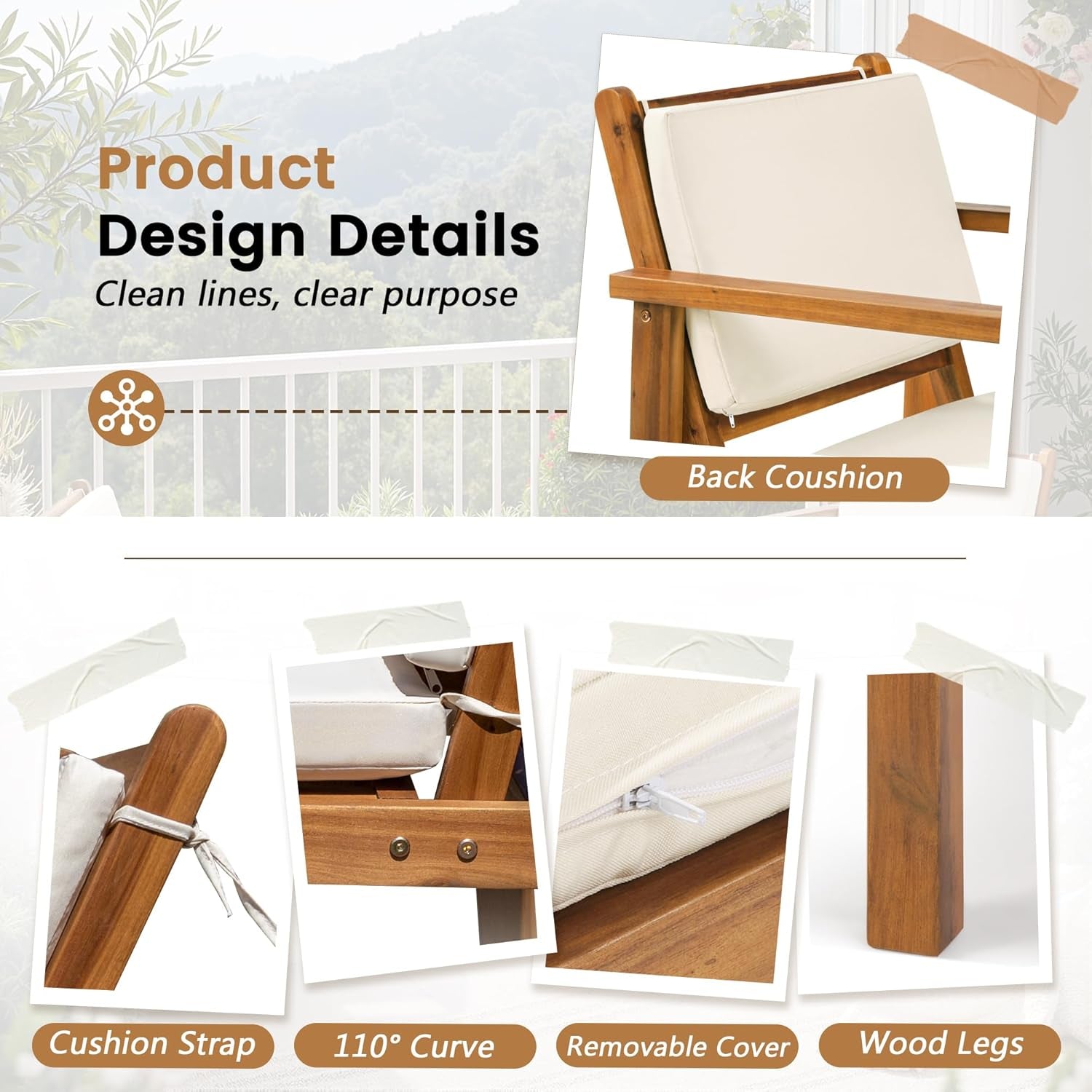 Patio Chairs 3 Piece Acacia Wood Patio Furniture with Coffee Table & Cushions Outdoor Conversation Set Balcony Chairs for Porch, Deck, Backyard