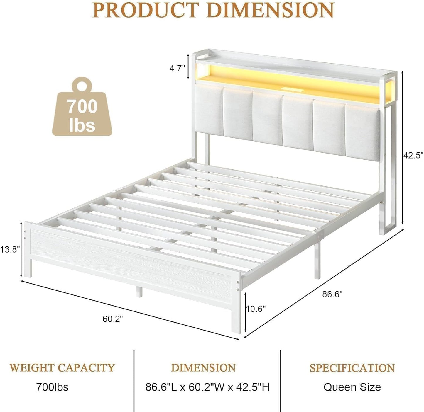 Queen Bed Frames with LED Lights and Charging Station, Metal Platform Queen Size Bed Frame with Upholstered Storage Headboard, Heavy Duty Metal Slat Support, Easy Assembly, White