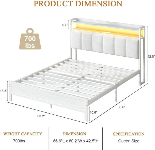 Queen Bed Frames with LED Lights and Charging Station, Metal Platform Queen Size Bed Frame with Upholstered Storage Headboard, Heavy Duty Metal Slat Support, Easy Assembly, White