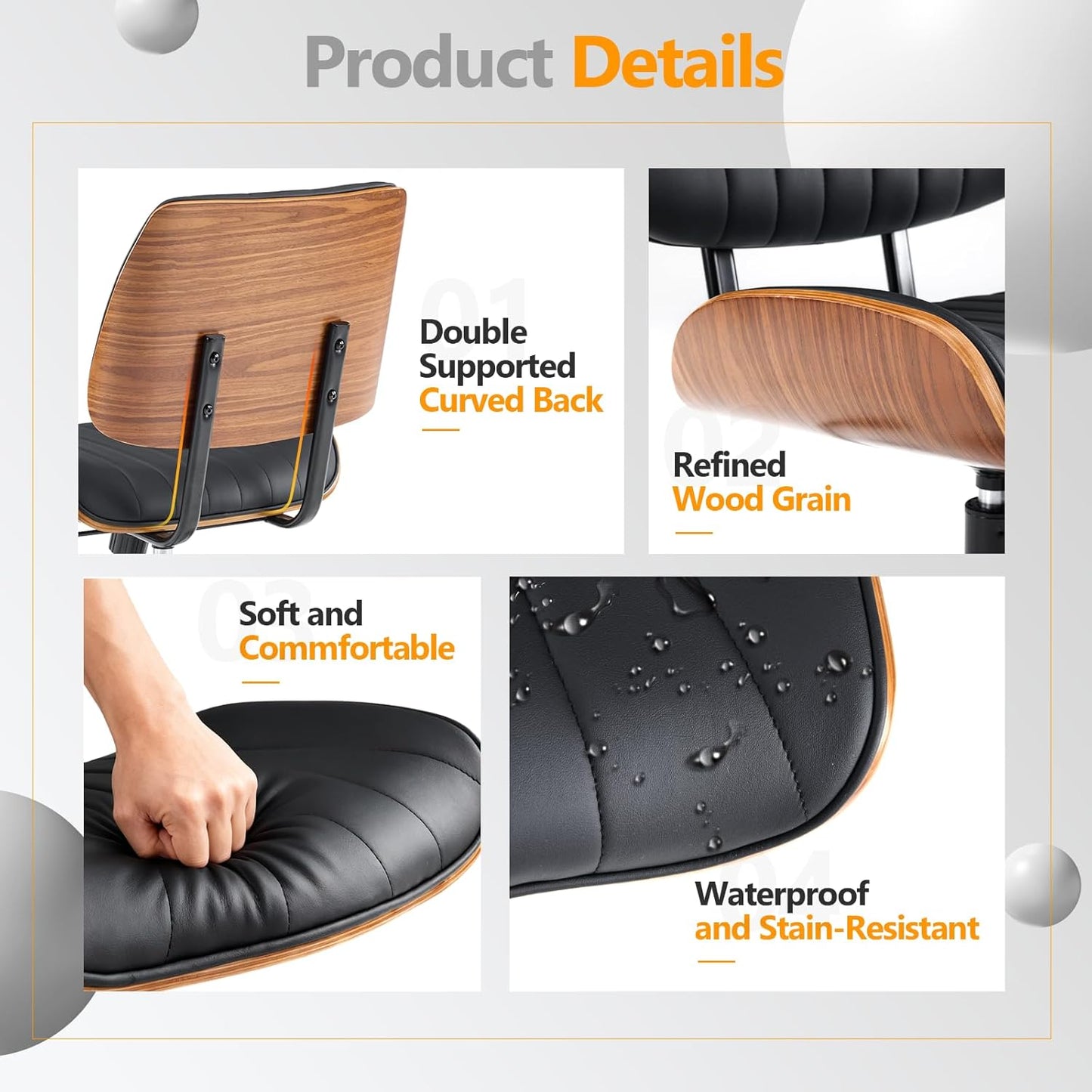 Wide Curved Seat&Back Armless Home Office Chair,Ergoromic Adjustable-Height Desk Chair,Swivel&Tilting Function,Stylish Walnut Task Chair for Meeing Room,Dining Room,Pu, Black