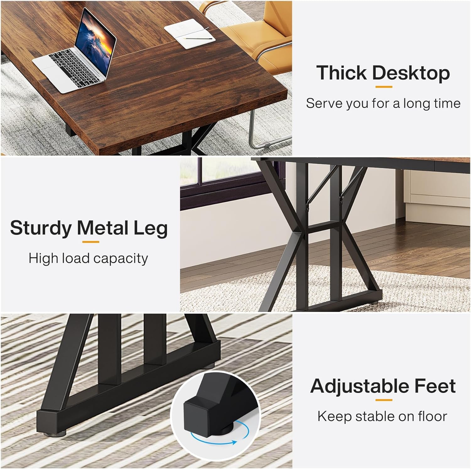 70.8-Inch Executive Desk, Large Computer Office Desk Workstation, Modern Simple Style Laptop Desk Study Writing Table Business Furniture for Home Office (Brown/Black, 70.8 Inch)