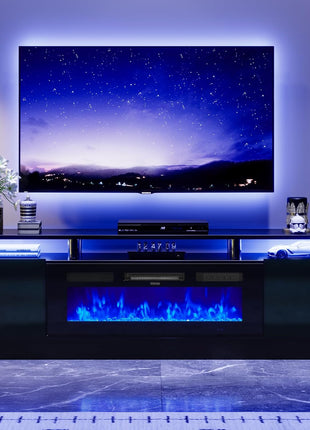 70-Inch Contemporary TV Stand and Entertainment Center for Living Room, Supports TVs up to 80 Inches, Features Storage Cabinet with Shelves, Includes 36-Inch Electric Fireplace with LED Flame (All Black)