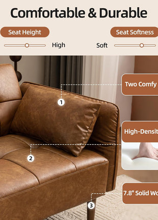 Luxurious 85” Futon Sofa Bed with Storage and Adjustable Armrests - Mid Century Modern Faux Leather Loveseat for Living Room, Bedroom, and Apartment in Elegant Brown Design