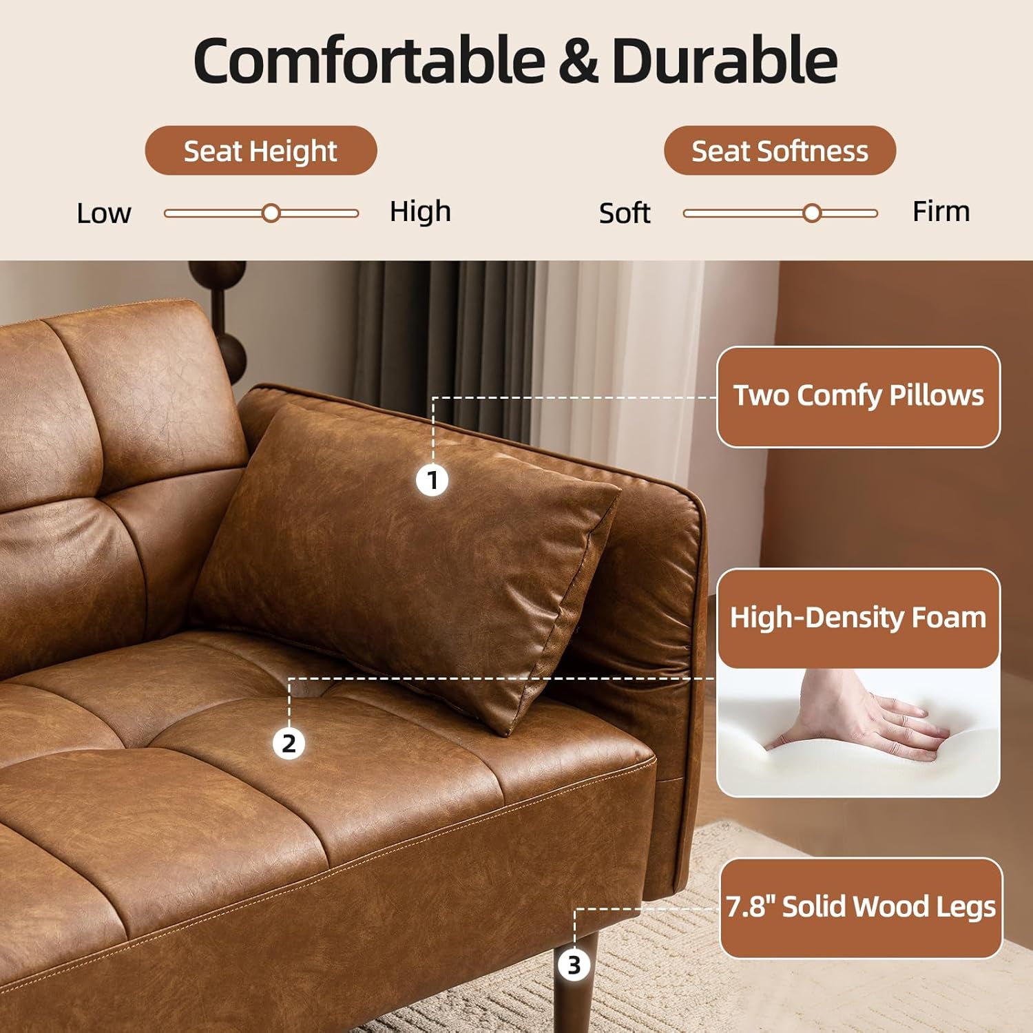 85” Futon Sofa Bed, Sleeper Sofa, Small Couch with Storage Adjustable Armrests Pillows, Faux Leather Loveseat, Mid Century Modern Couches for Living Room, Bedroom, Apartment, Brown