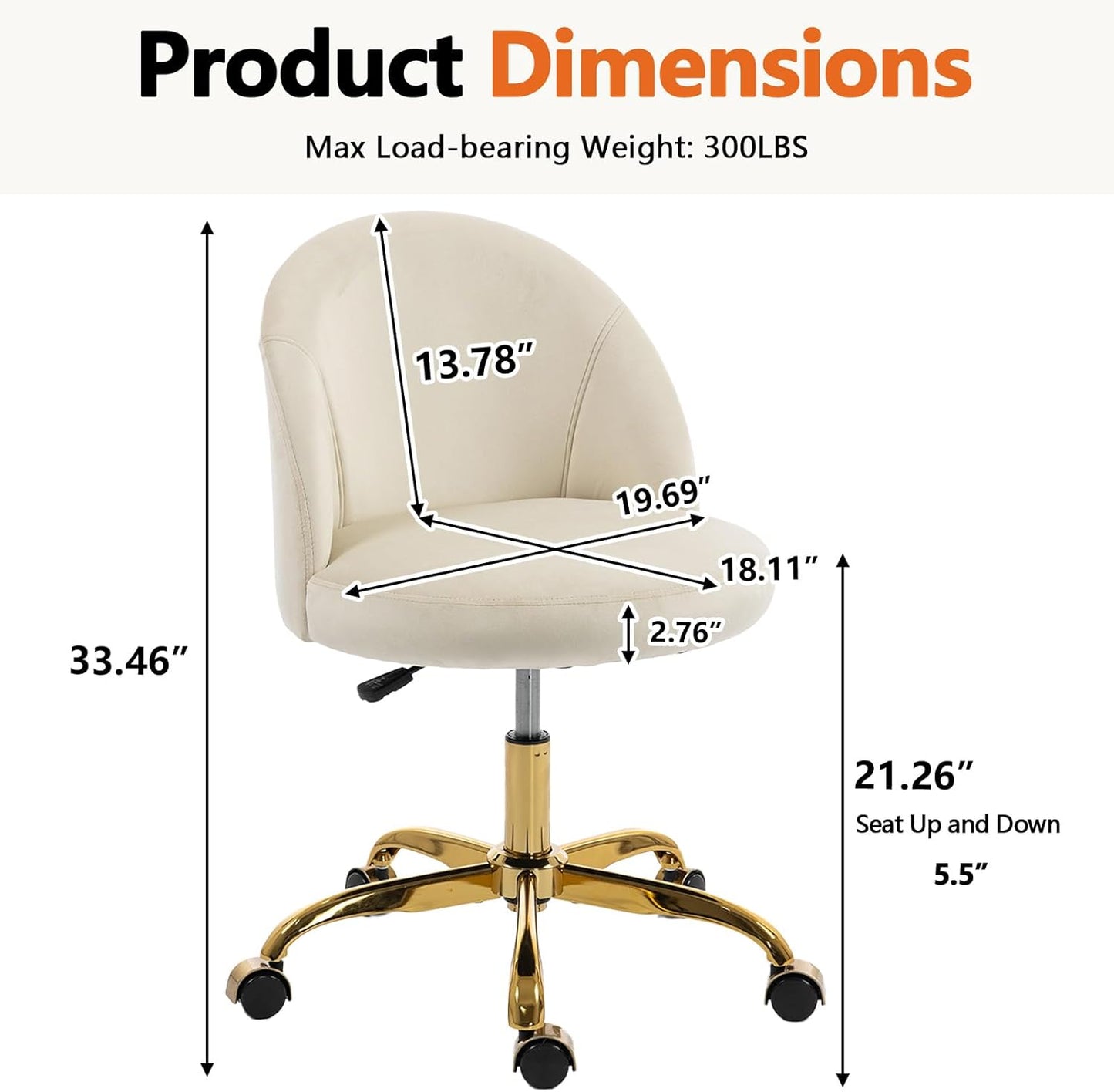 White Vanity Chair with Wheels, Cute Velvet Desk Chair, Height Adjustable, Ergonomic Home Office Desk Chairs, Rolling Vanity Chairs for Living Room/Makeup Room/Bedroom