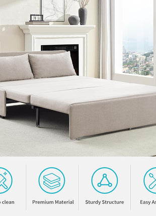 Elegant 64" Queen Size Convertible Sofa Bed - Chic Linen Upholstered Couch with Mattress & Pillows, Ideal for Compact Living Spaces and Accommodating Guests (Beige)