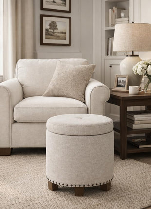 Upholstered Round Storage Ottoman with Nailhead Trim in Light Brown Fabric for Living Room and Bedroom