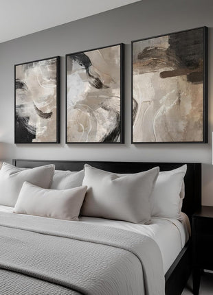 Large Framed Neutral Abstract Wall Art Set - 3-Piece Modern Canvas Prints for Living Room, Hallway, Bedroom, and Office Decor in Black, Beige, and Brown Tones, 24x36 Inches