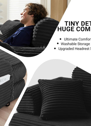78.8" Multifunctional Convertible Sofa Bed with High Backrest & Headrest - 5-in-1 Corduroy Couch with Side Pocket, No Assembly Needed, Washable Detachable Cover, Ideal for Living Room - Elegant Black Finish